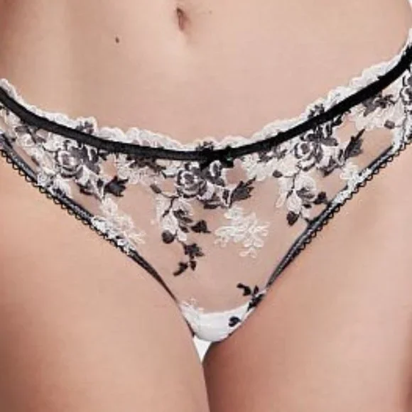 VS L Embroidered Lace Thong Panty White w/ Black Embroidery NWT - Picture 4 of 15